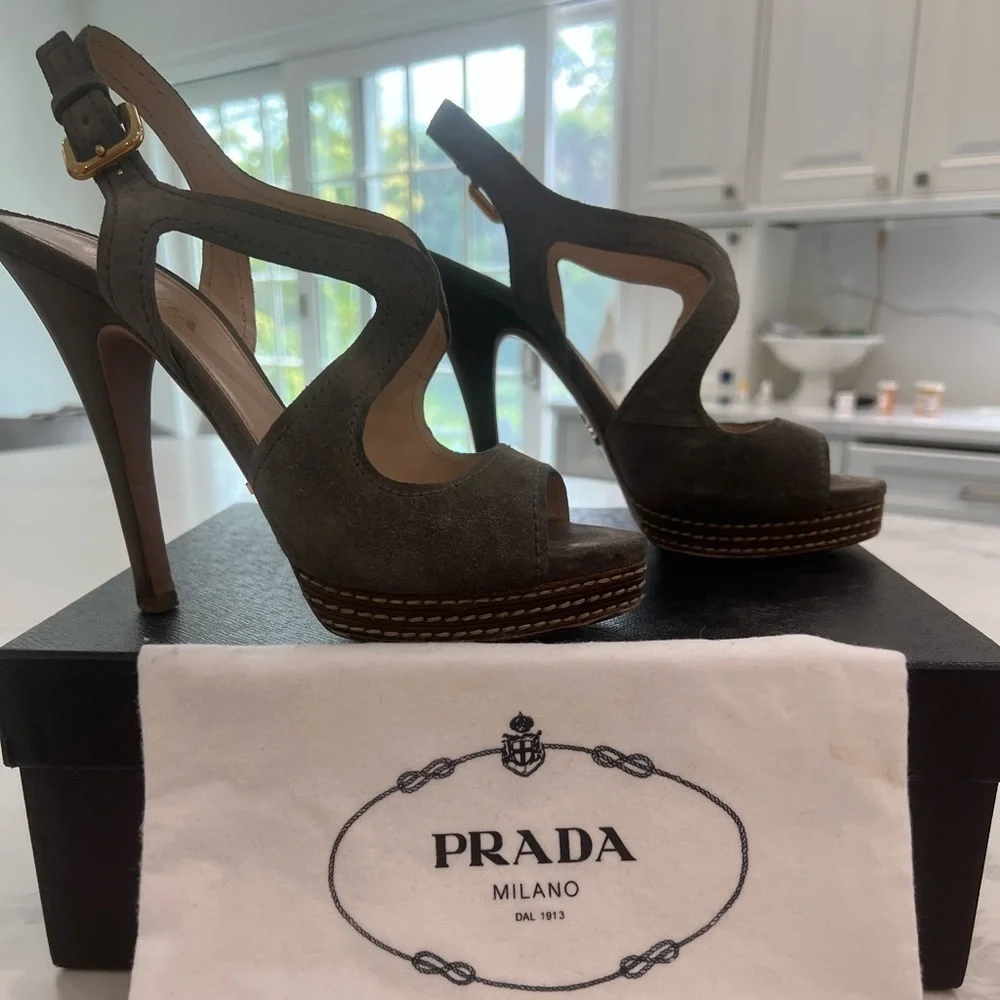 PRADA CALCUTURA GREY SUEDE PLATFORM SLINGBACK SIZE EU 37.5 US 7